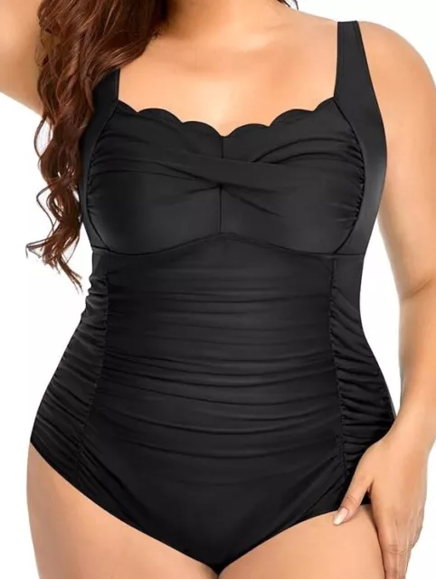 NWT Women’s Aqua Eve Plus Size One Piece Scalloped Ruched Swimsuit Black - 18W