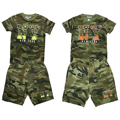 Boys Girls T-Shirt Short Set Camo Kids Camouflage Summer Short Outfit Cotton NY