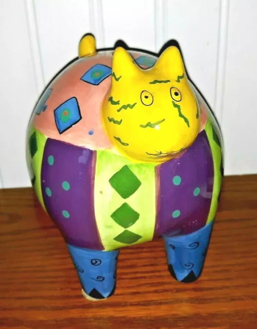 Ceramic Whimsical Colorful Fat Cat 6" Coin Patchwork Hand Painted Piggy Bank