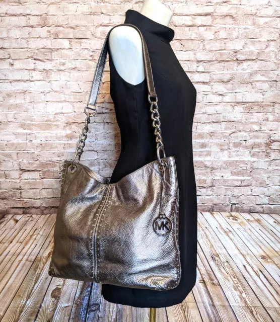 Michael Kors Uptown Astor Studded Hobo Shoulder Bag Pebble Bronze Leather