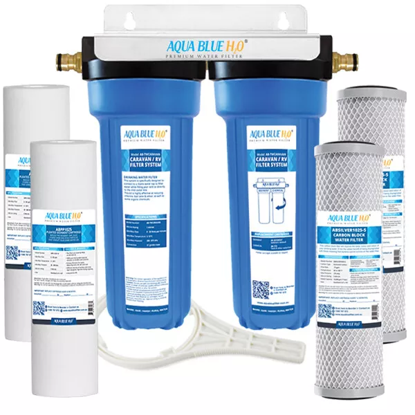 Twin Caravan & RV Water Filter System with Sediment & Carbon Extra Cartridges