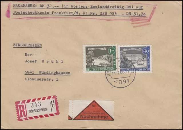 223+229 Alt Berlin 40 Pf + 1 DM auf NN-R-Brief UNTERLAUCHRINGEN 10.7.63