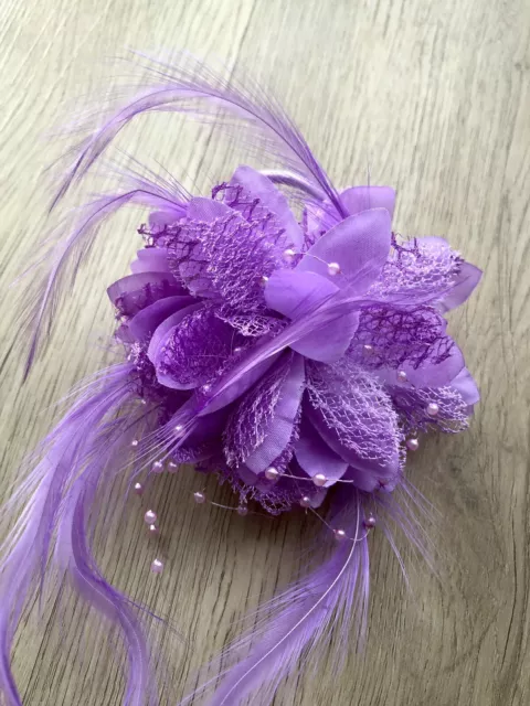 Lilac Flower Feather Mesh Fascinator Corsage Bead Hair Clip Hairband Bobble