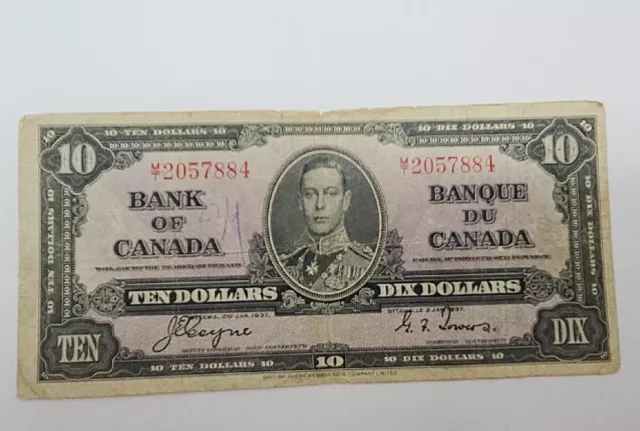 Canadian Bank of Canada 1937 10 Dollar Bill King George VI Circulated Condition