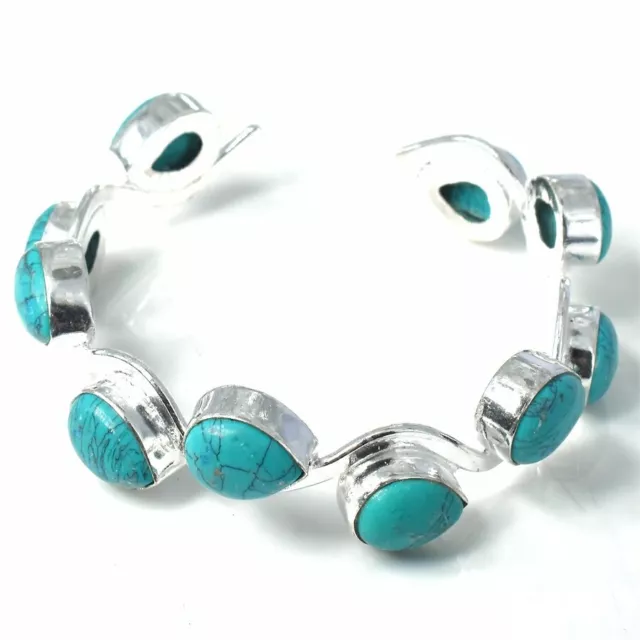 Green Turquoise Gemstone 925 Sterling Silver Jewelry Cuff Bracelet Adjustable