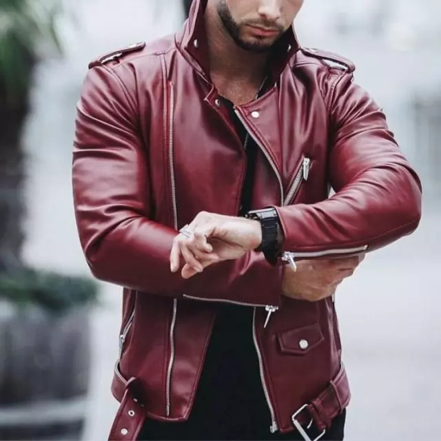 New Men Genuine Lambskin Leather Jacket Maroon Slim fit Biker Motorcycle jacket