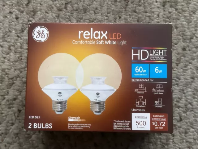 GE Relax Light Bulbs LED HD Dimmable Soft White 6 Watt 500 Lumen G25 2 Bulbs