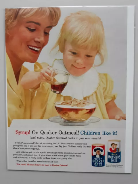 Quick Quaker Mothers Oats Syrup Toddler Girl Mom Breakfast Vtg Magazine Print Ad