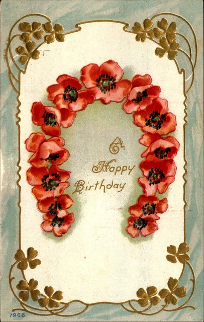 Happy Birthday ~ wild roses? Horseshoe ~ gold 4 leaf clover Art Nouveau ~ 1910