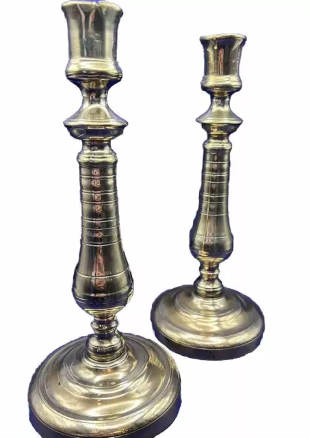 Pair Antique 18th Cen French Embossed Brass Candlesticks