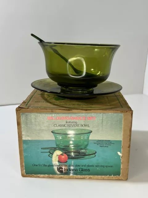 Indiana Glass 3 Pc Mayo Sauce Serving Set Vintage Green Bowl Plate Spoon NIB