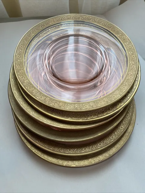 Tiffin Franciscan MINTON Set of 6 Gold Encrusted Pink Glass Luncheon Plates