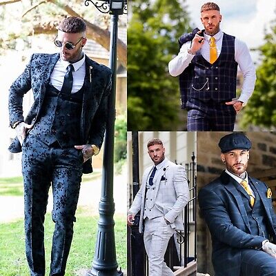 Mens Cavani Floral Tweed Check Peaky Blinders Wedding Tailored Fit 3 Piece Suit