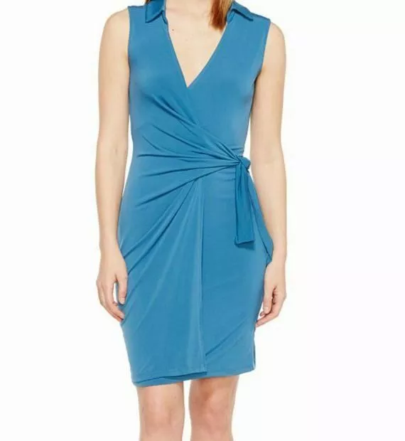 $395 Christin Michaels Women's Blue Gracy Sleeveless Belted Wrap Dress Size S