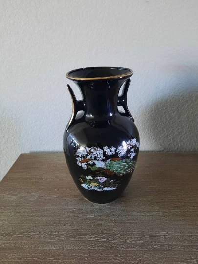 Vintage Porcelain Double Handled Asian Style Vase with Peacock Design