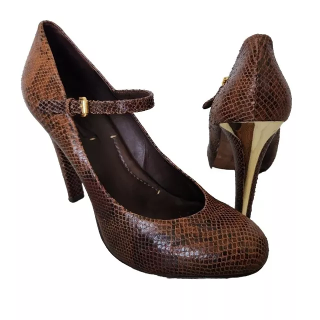 BCBG MAXAZRIA 100% Leather Snake Skin Brown Mary Jane Pumps Gold Heels 10