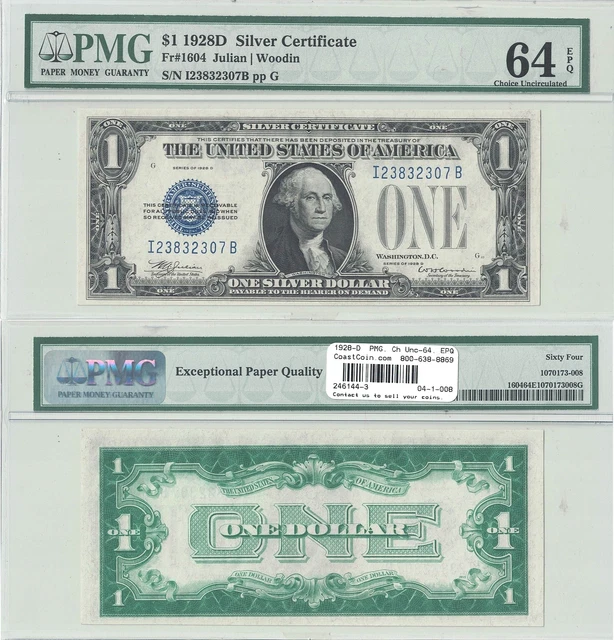 1928-D  $1 Silver Certificate "Funny Back" Fr 1604 PMG Choice Unc-64 EPQ