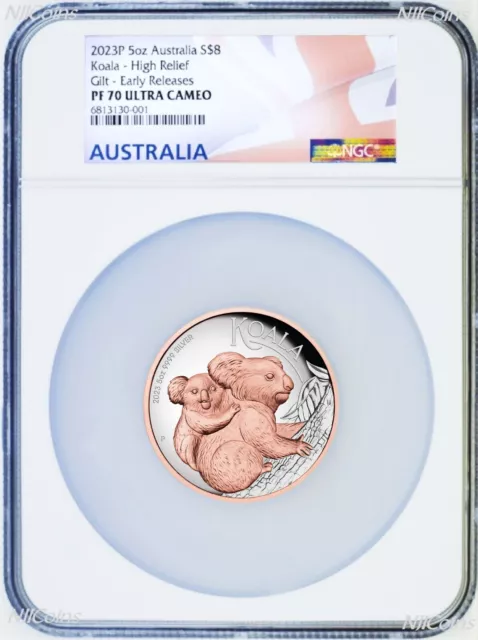 2023 Australia Pink Gold GILT HIGH RELIEF 5oz Silver Koala $8 Coin NGC PF70 ER