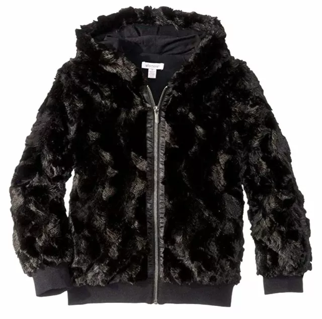 $100 Ella Moss Kids Girls' Black Faux Fur Full Zip Hooded Bomber Jacket Size 10