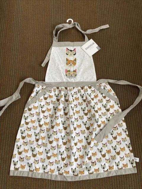 Envogue Kitty Cat Kitchen Apron Gray Trim Cotton