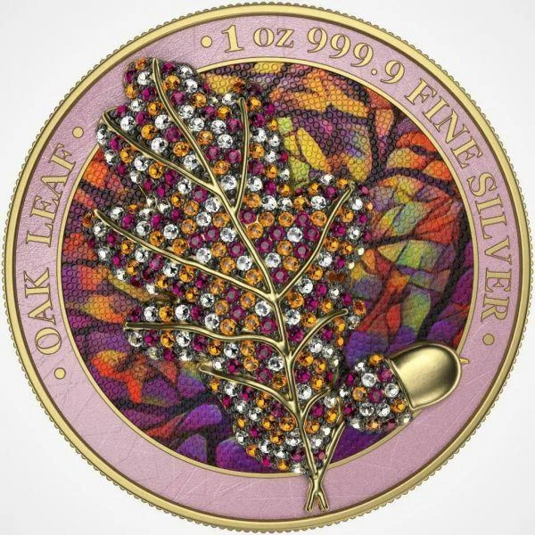 2019 Germany 5 Mark - Bejeweled Oak Leaf - Autumn - 1 Oz Silver Coin