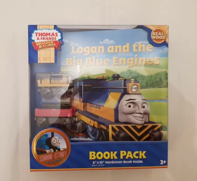 Thomas Tank & Friends WOODEN LOGAN & THE BLUE ENGINES TRAIN & BOOK NEW BOX WOOD