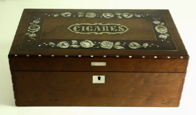 = Antique 1800's Cigar Humidor Box Burl Veneer & Mother of Pearl Inlay & Lock