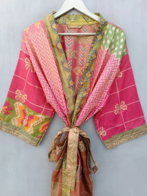 Patchwork Sari Silk Kimono Bathrobe Luxury Night Wear Summer Gown, B-2352