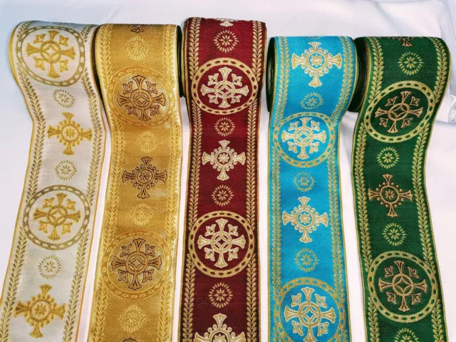 Religious metallic gold jacquard trim with cross design ,width 11cm