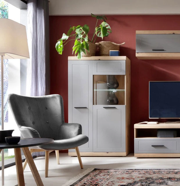 Vetrina stand ""Kvantum"" vetrina in vetro 88 cm rovere artigianale MDF grigio polvere