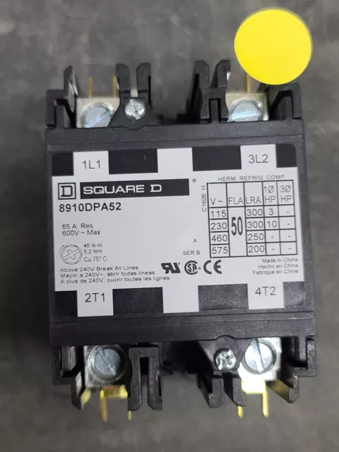 Square D 8910DPA52V02 65A Res 600V~ 2P Definite Purpose Contactor