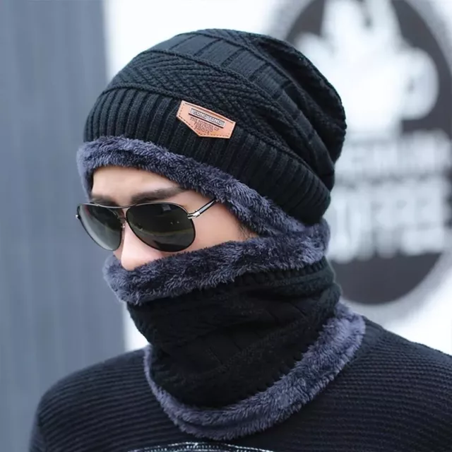 Chauffant Bonnet Tricot Avec Écharpe De Doublure Polaire, Hiver Chapeau  Beanie Pour Homme[u1110]