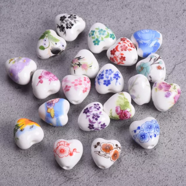 10pcs Heart Shape 13x12mm Flower Patterns Ceramic Porcelain Loose Beads Lot 2