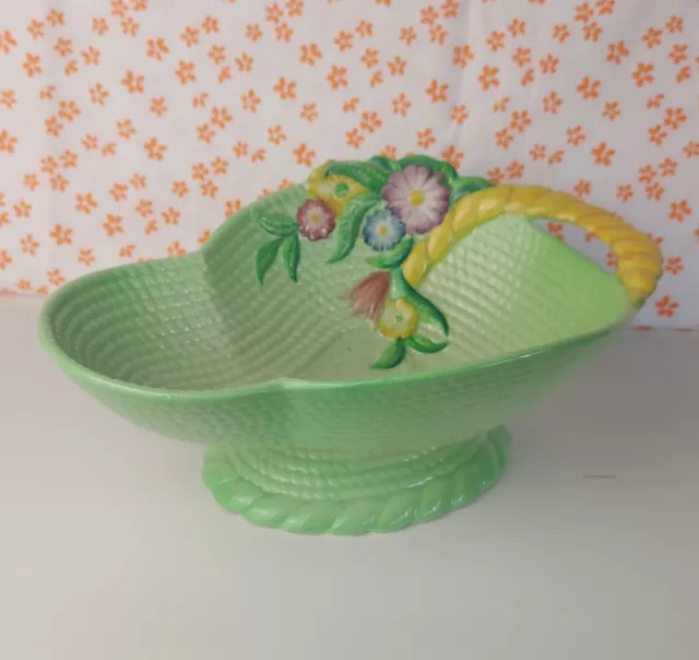 Vintage Carlton Ware Green & Floral Weave Basket Bowl Australian Design 26.5cms