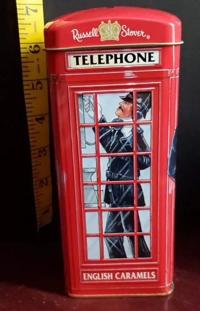 Vinatge Russell Stover English Caramels Telephone Phone Booth Tin Bank Red 10oz