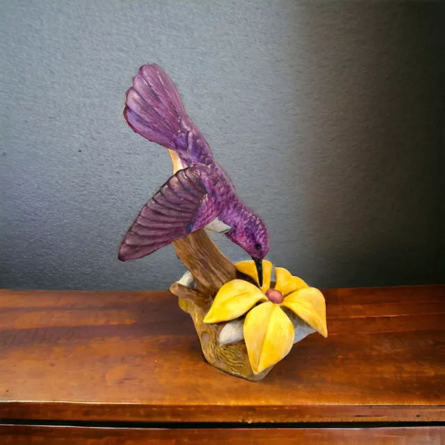 Rare Vintage Goebel Purple Hummingbird Drinking Yellow Flower Nectar Figurine