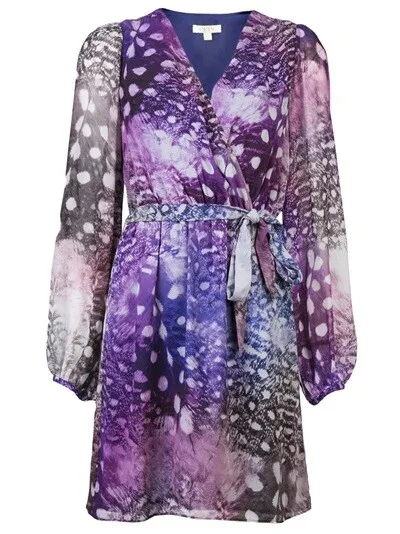 Erin Fetherston Dress Size 4 Purple Watercolor Feather Print Faux Wrap Small