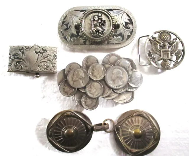 5 Silver Belt Buckles Various Dates Themes, Mexican, Us Coins, Victorian, Concha