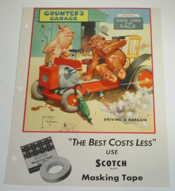 VTG 1940s LAWSON WOOD 3M SCOTCH TAPE COLOR LITHOGRAPH PRINT AD MONKEY PIG CAR