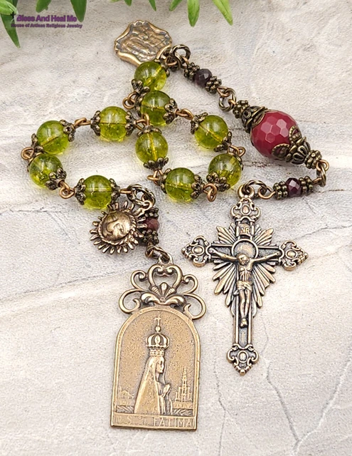 Lady of Fatima Lourdes Peridot Vintage Bronze Ornate Chaplet