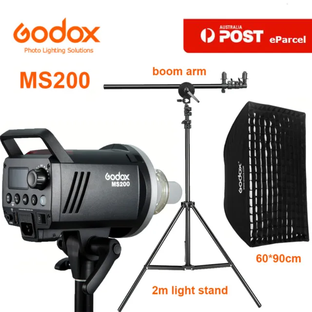 AU Godox MS200 Studio Strobe Flash Light,60*90cm softbox,2m light stand,boom arm