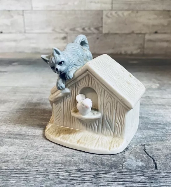 Vintage Porcelain Gray Kitten Cat with White Bird Dove Figure Figurine