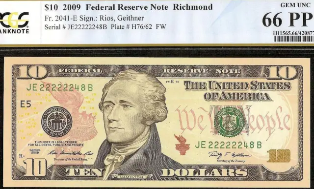 2009 $10 Dollar Bill Near Solid Serial # 222222 Federal Reserve Note Pcgs 66 Ppq