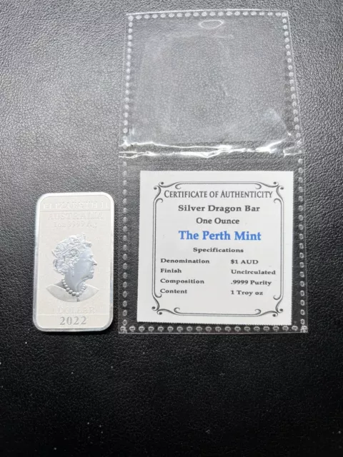 2022 Australia Perth Mint 1 oz Silver Dragon Bar Rectangular Coin in capsule