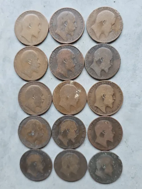 Collection of 15 UK King Edward VII Bronze Half Penny Coins