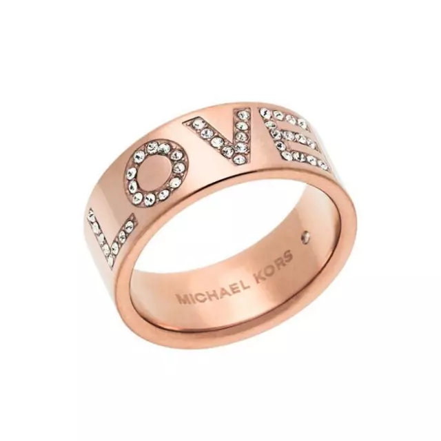 NWT Michael Kors Pave LOVE Logo Ring $85 Rose Gold SZ 8