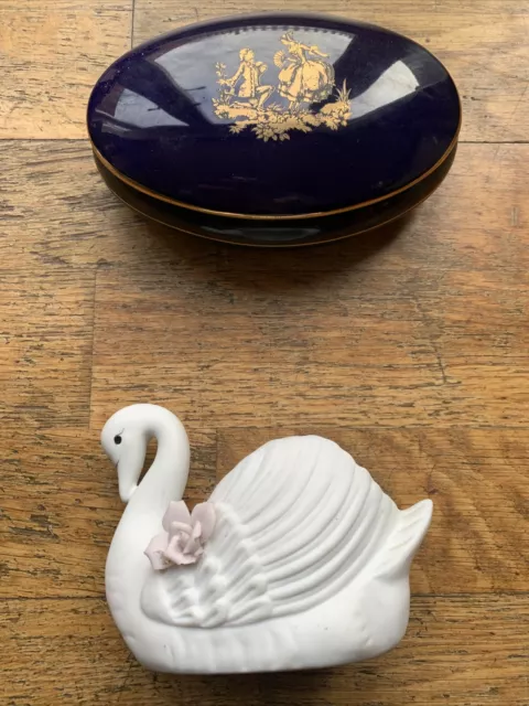 Ceramic Swan & blue oval ceramic pot 6x2 inches approx