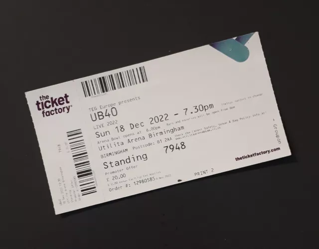 UB40 Tickets/Memorabilia - Unused Ticket Birmingham NIA Utilita Arena 18/12/2022