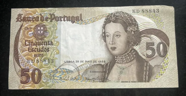 Collectable bank note, vintage, 1968 50 escudos, banco de portugal KD88843