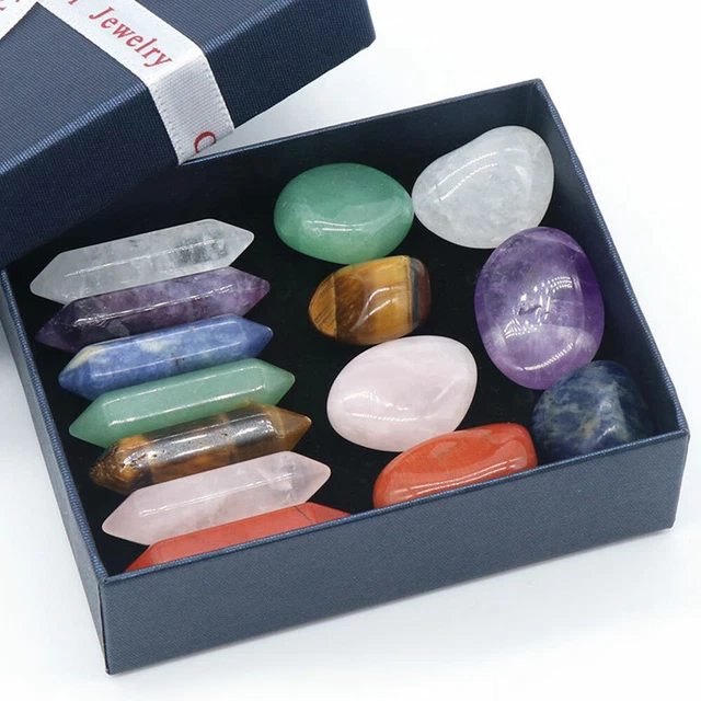 14PC Natural Crystal Chakra Stone Obelisk Quartz Wand Point Box Gemstone Healing